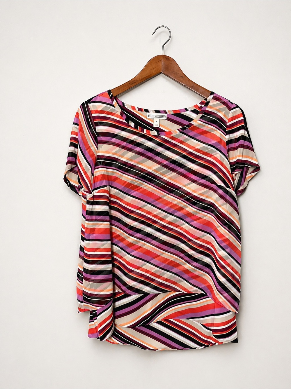 Dana Buchman Colorful Striped Layered Blouse Top Size M Pink Red Black Chic